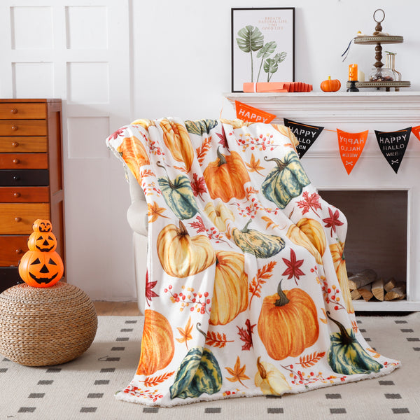 Fall Throw Blanket – Orange Rust Maple Leaf & Pumpkin Sherpa Fleece for Couch, Bed & Camping